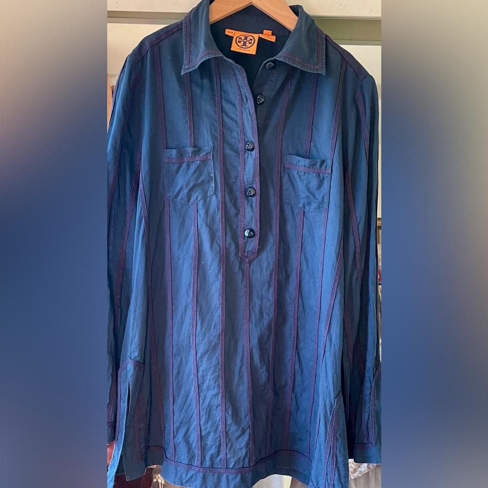 Tory Burch Ladies Navy and Burgundy Striped Shirt